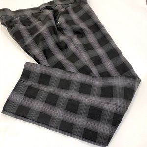 Black and gray plaid pants.